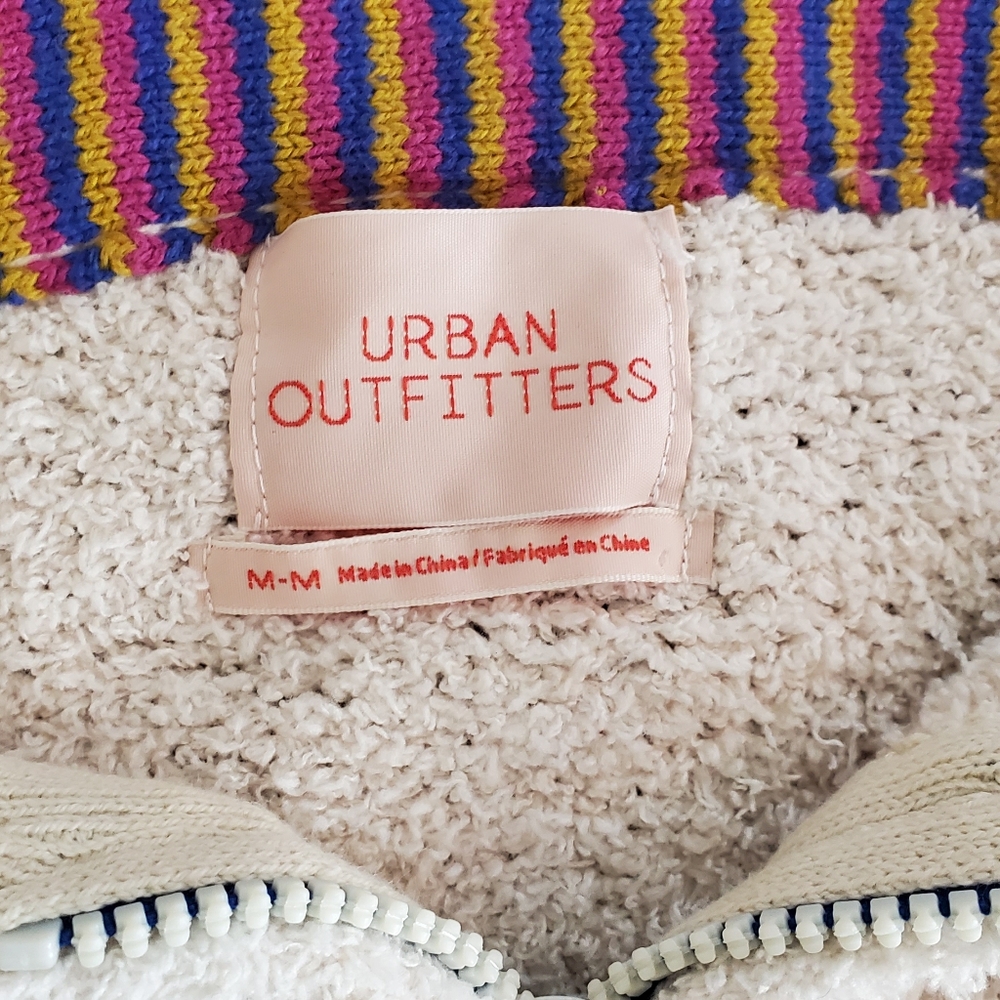 Urban Outfitters Sherpa Zip Jacket M Cream Rainbow Collar Drawstring Hem - Picture 8 of 13